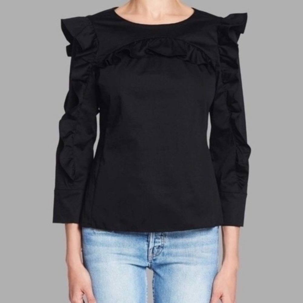 Rebecca Taylor Top Blouse Size 10 Black Ruffle Long Sleeve‎ Minimalist Cotton